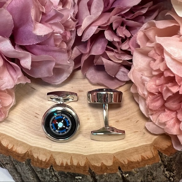 Unique Round Black and Blue Navigation Compass Silver Cufflinks - Picture 12 of 17